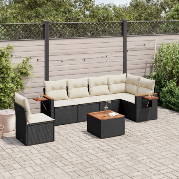 7-delige Loungeset met kussens poly rattan zwart