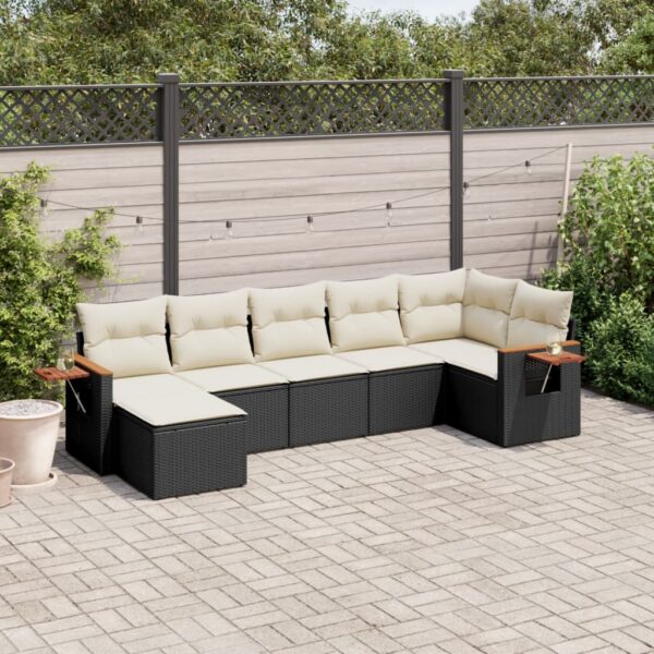 7-delige Loungeset met kussens poly rattan zwart