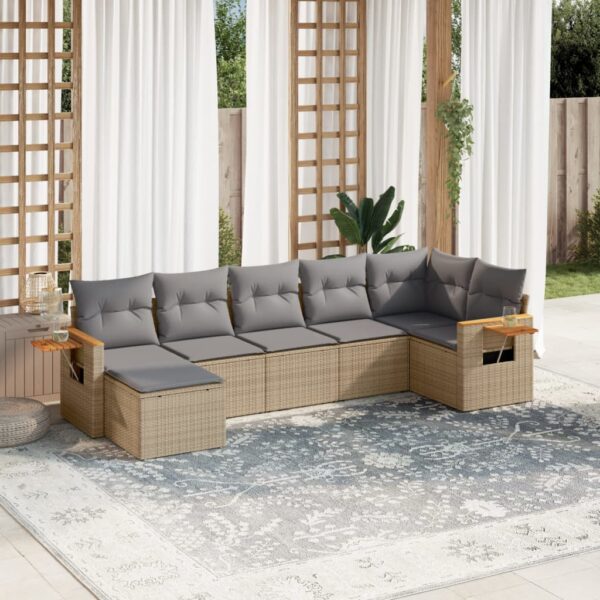 7-delige Loungeset met kussens poly rattan beige