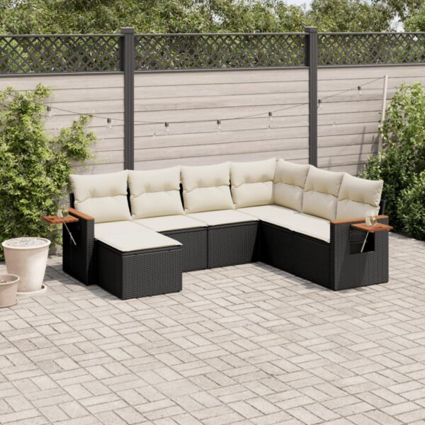 7-delige Loungeset met kussens poly rattan zwart