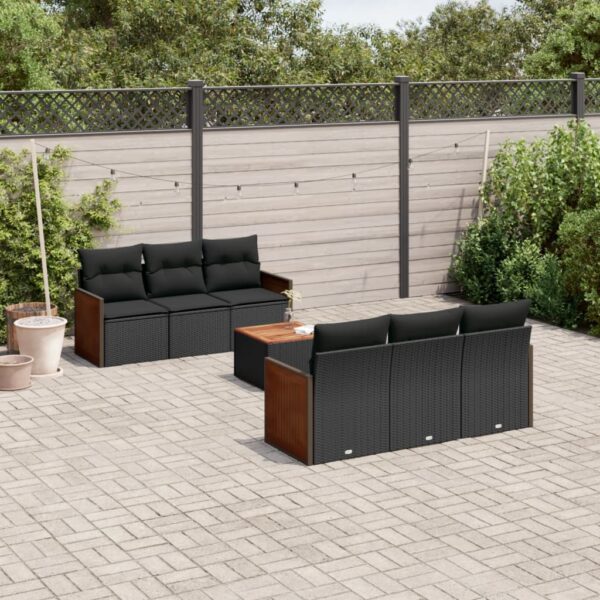 7-delige Loungeset met kussens poly rattan zwart