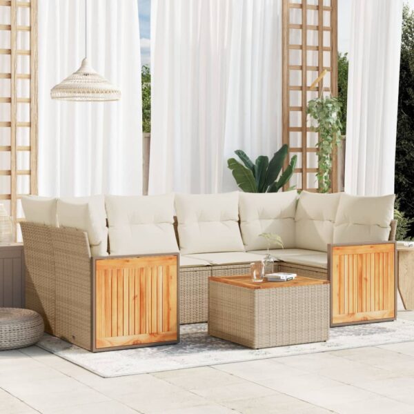 7-delige Loungeset met kussens poly rattan beige