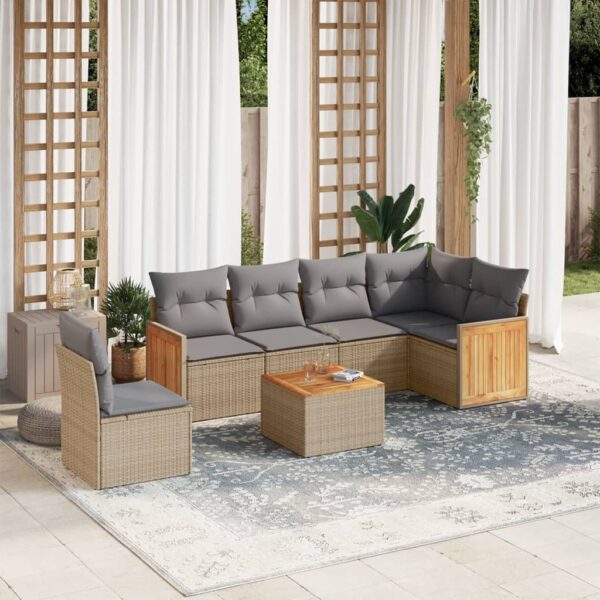 7-delige Loungeset met kussens poly rattan beige