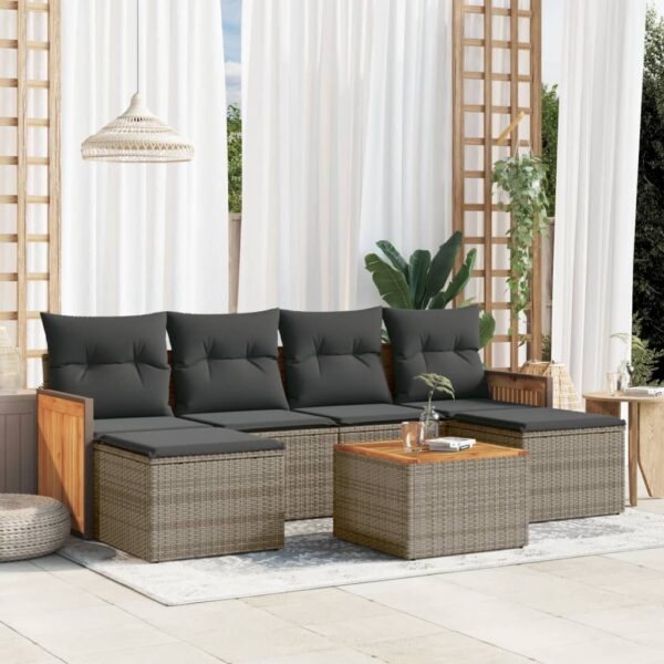 7-delige Loungeset met kussens poly rattan grijs