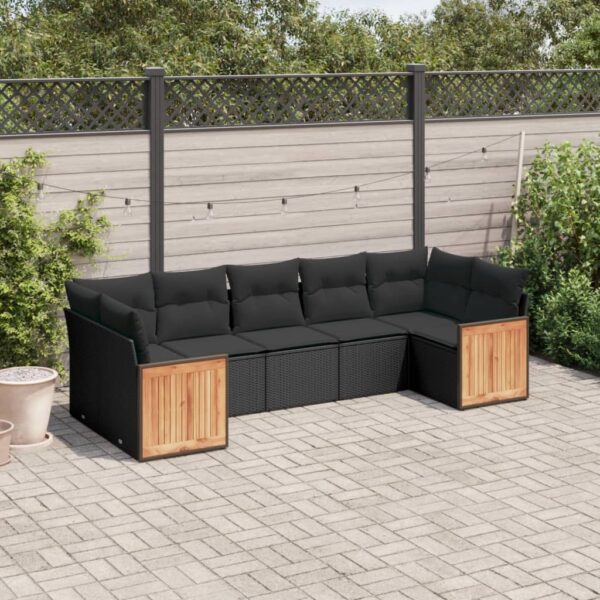 7-delige Loungeset met kussens poly rattan zwart
