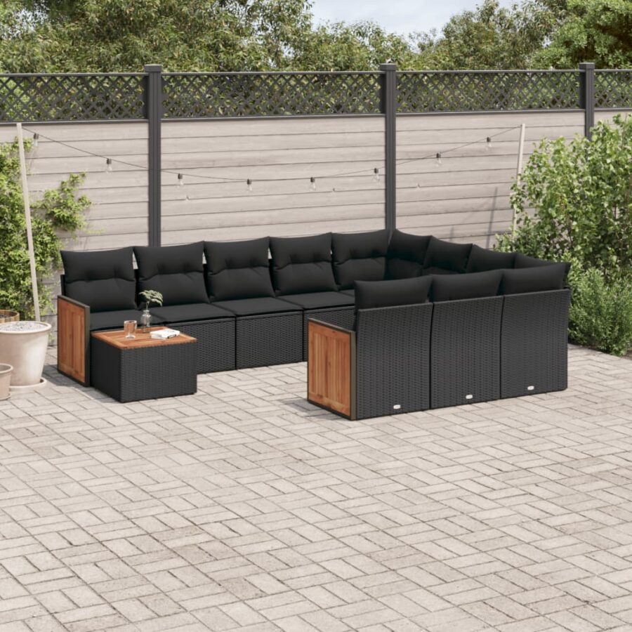 11-delige Loungeset met kussens poly rattan zwart