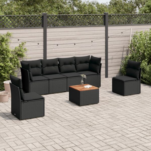 7-delige Loungeset met kussens poly rattan zwart