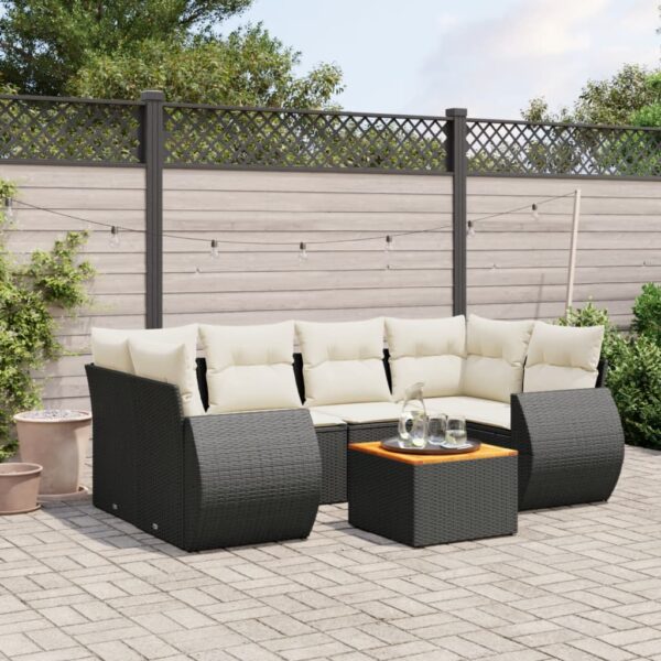 7-delige Loungeset met kussens poly rattan zwart