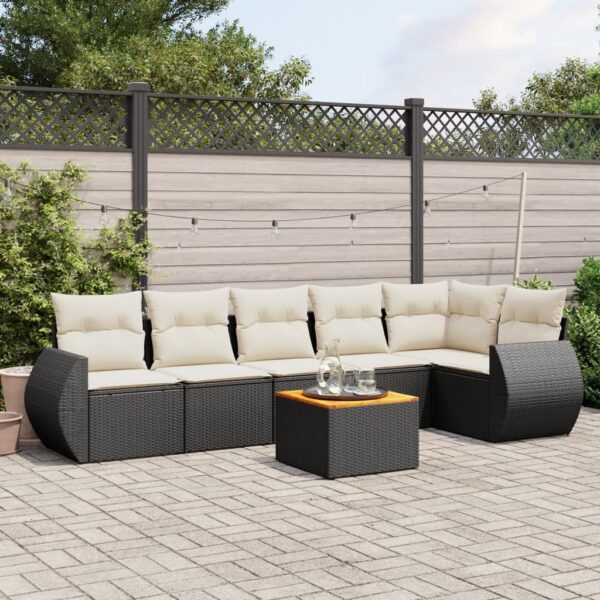 7-delige Loungeset met kussens poly rattan zwart