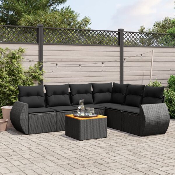 7-delige Loungeset met kussens poly rattan zwart