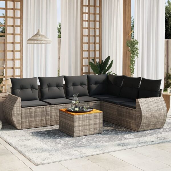 7-delige Loungeset met kussens poly rattan grijs