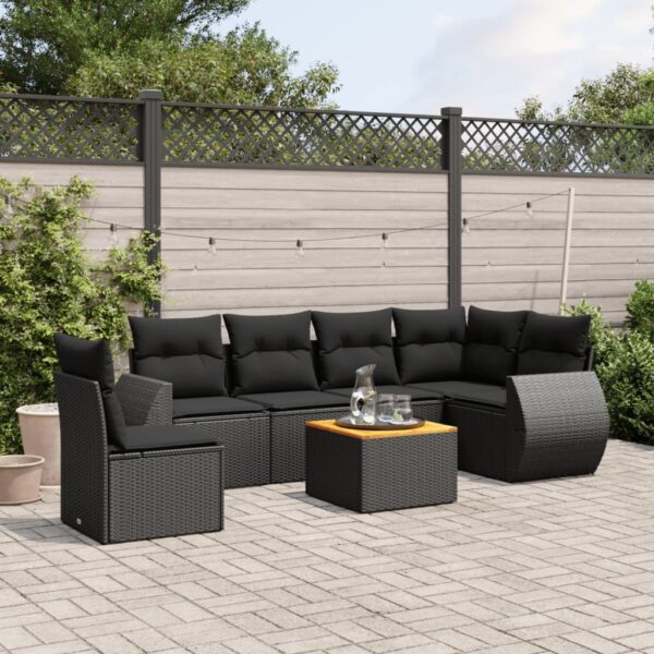 7-delige Loungeset met kussens poly rattan zwart