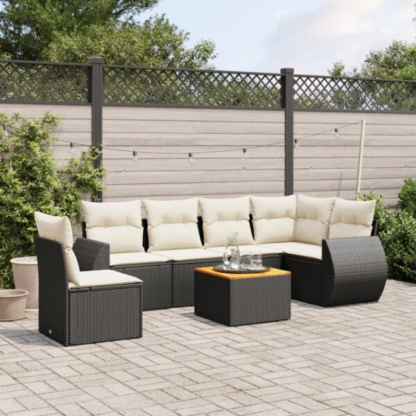 7-delige Loungeset met kussens poly rattan zwart
