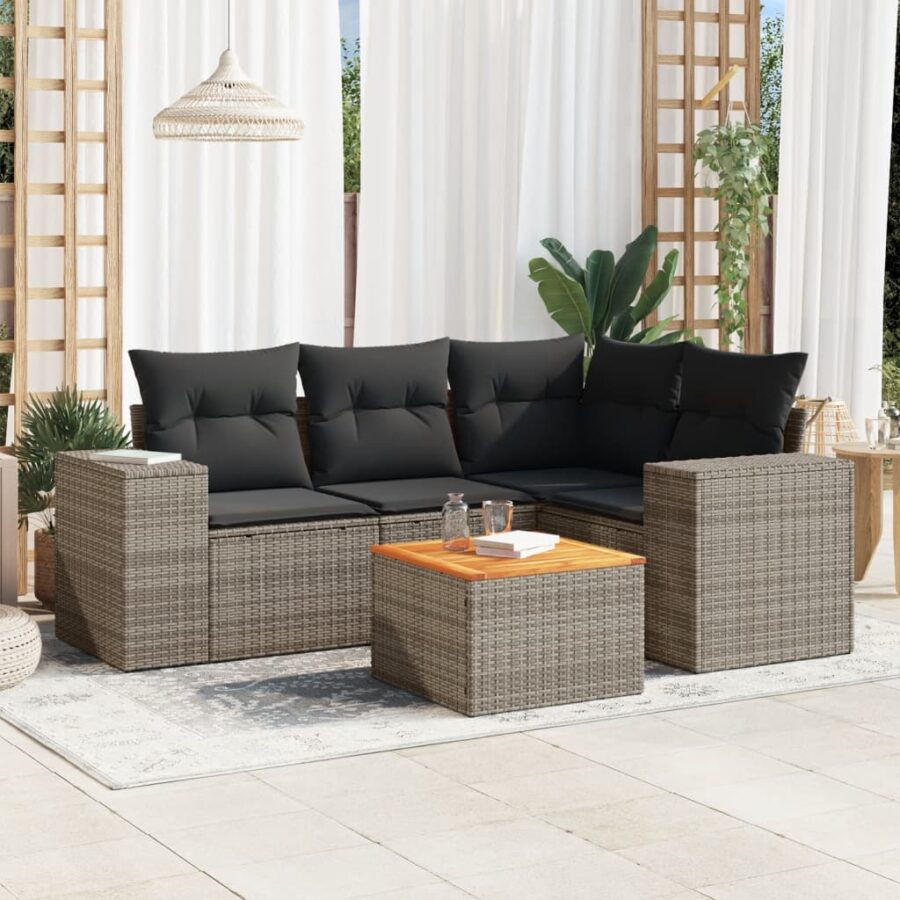 5-delige Loungeset met kussens poly rattan grijs