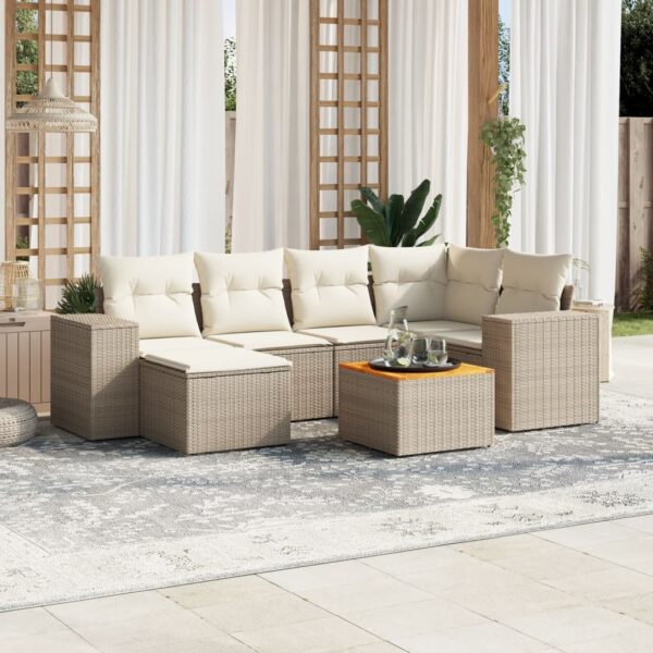 7-delige Loungeset met kussens poly rattan beige