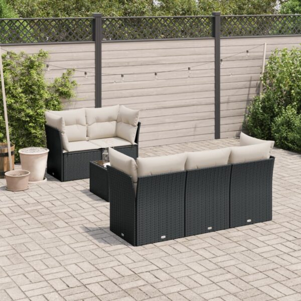 7-delige Loungeset met kussens poly rattan zwart