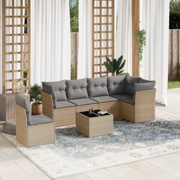 7-delige Loungeset met kussens poly rattan beige