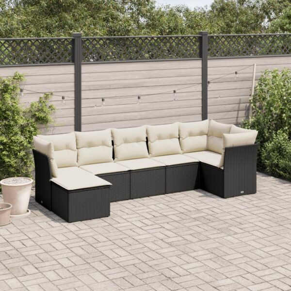 7-delige Loungeset met kussens poly rattan zwart