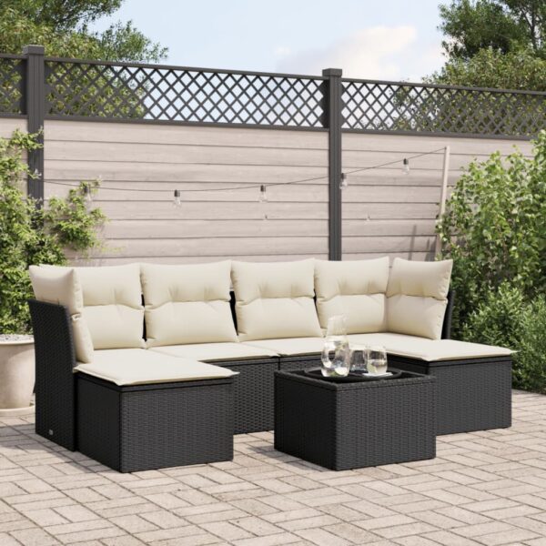 7-delige Loungeset met kussens poly rattan zwart