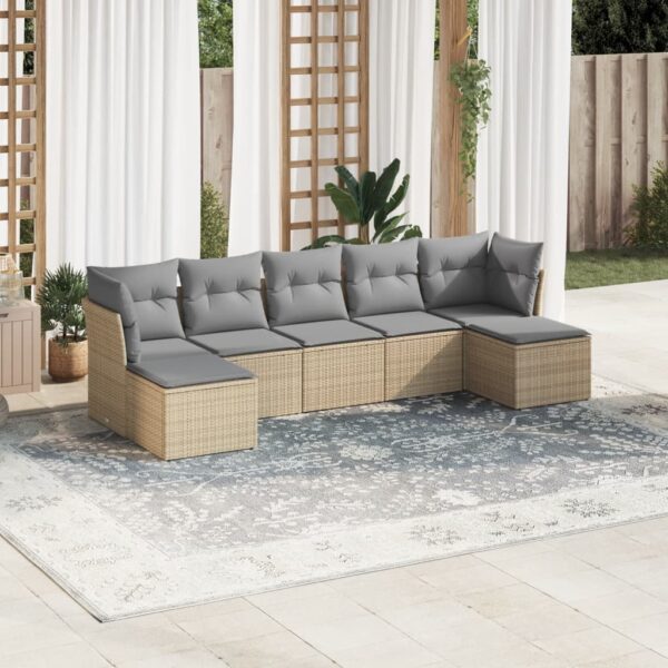 7-delige Loungeset met kussens poly rattan beige