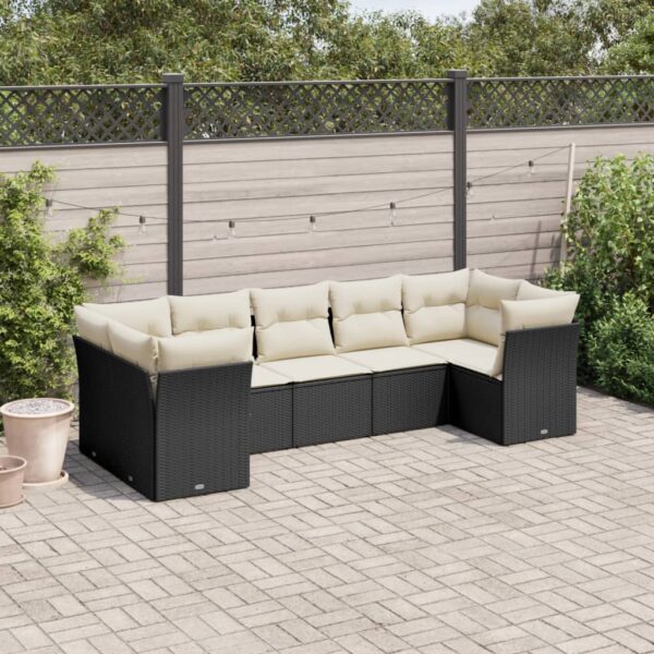 7-delige Loungeset met kussens poly rattan zwart