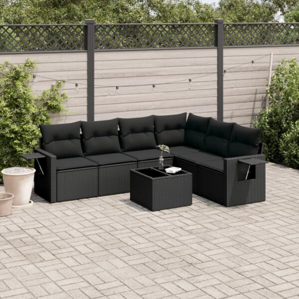 7-delige Loungeset met kussens poly rattan zwart