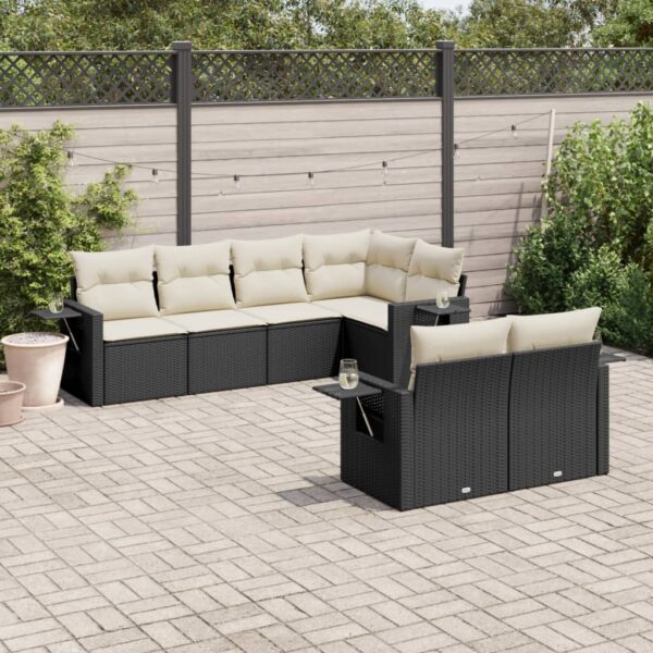 7-delige Loungeset met kussens poly rattan zwart