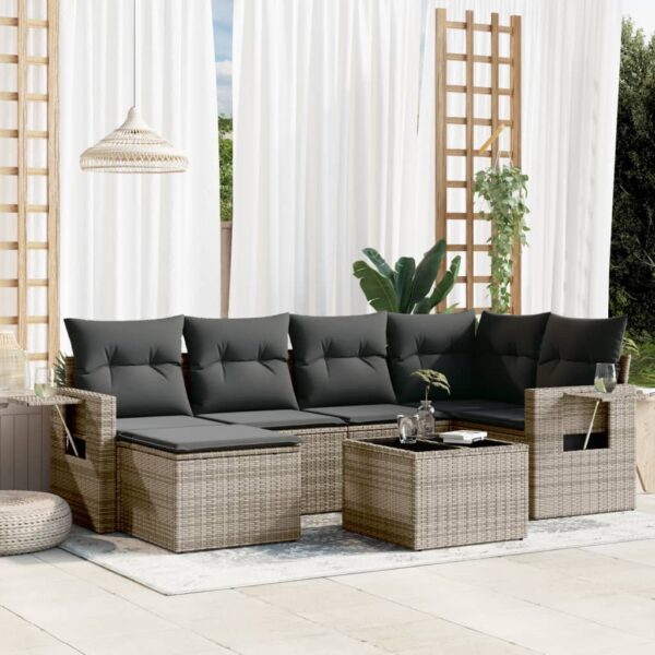 7-delige Loungeset met kussens poly rattan grijs