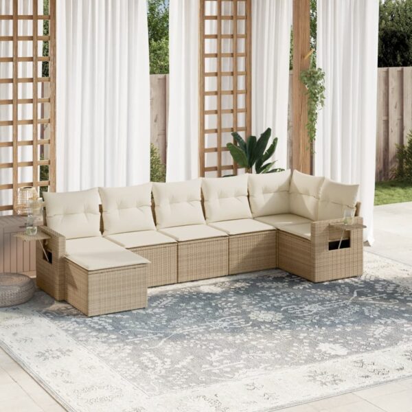 7-delige Loungeset met kussens poly rattan beige