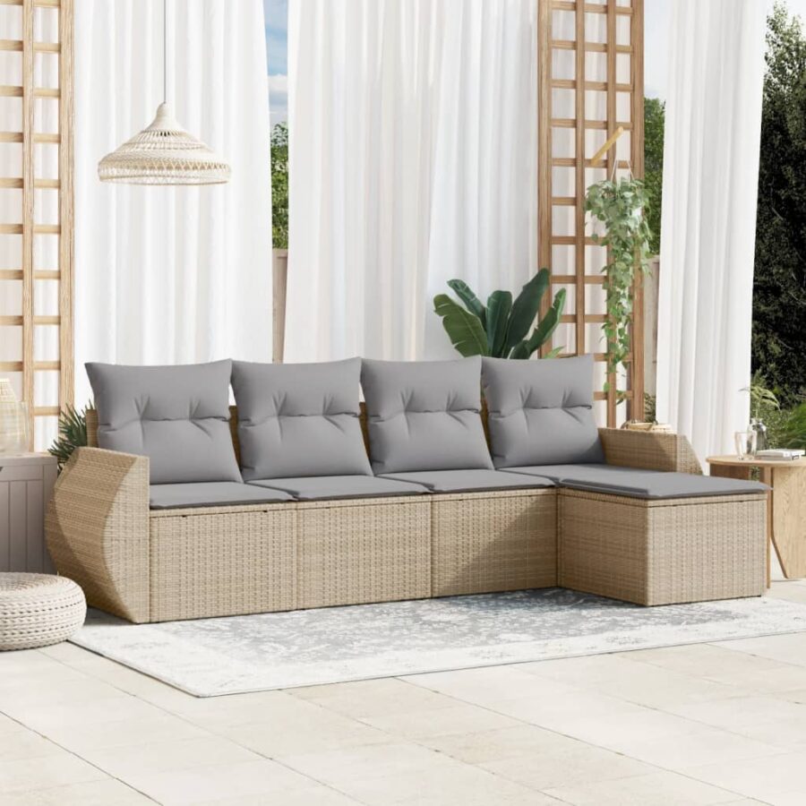 5-delige Loungeset met kussens poly rattan beige