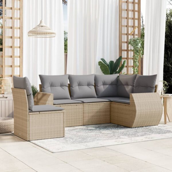 5-delige Loungeset met kussens poly rattan beige