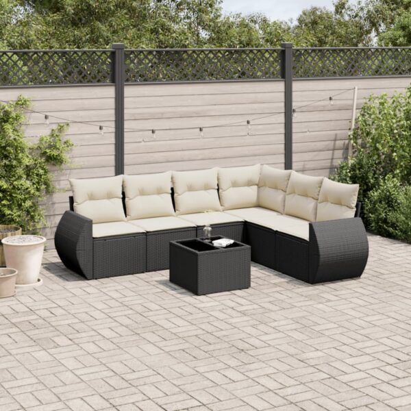7-delige Loungeset met kussens poly rattan zwart