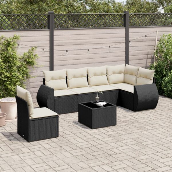 7-delige Loungeset met kussens poly rattan zwart