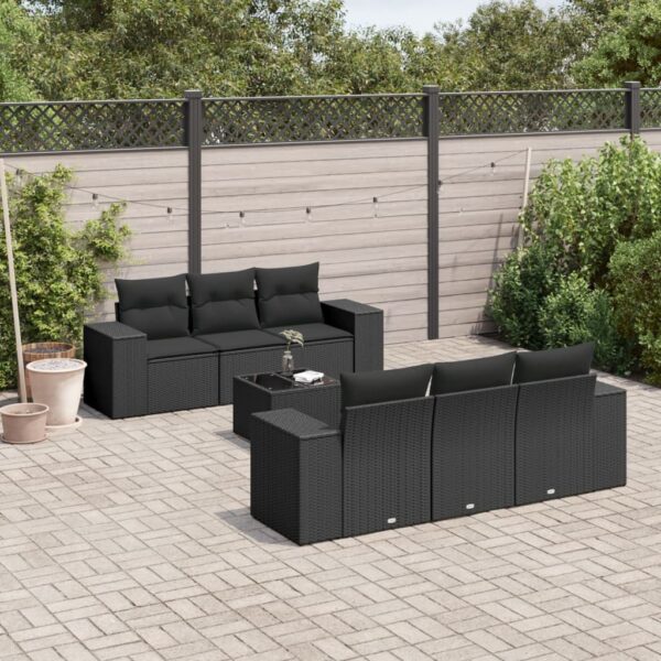 7-delige Loungeset met kussens poly rattan zwart