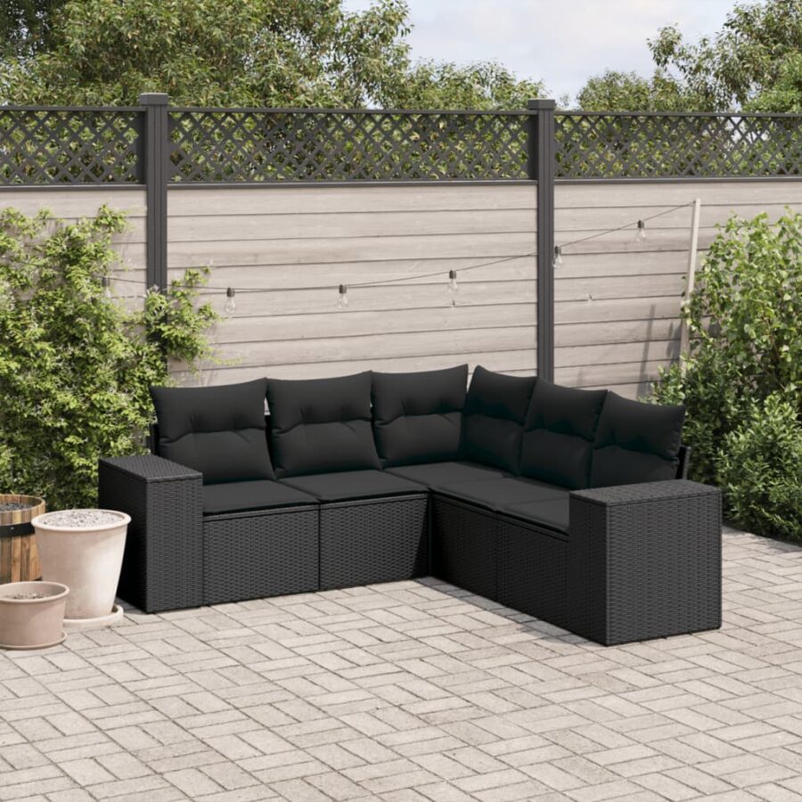 5-delige Loungeset met kussens poly rattan zwart