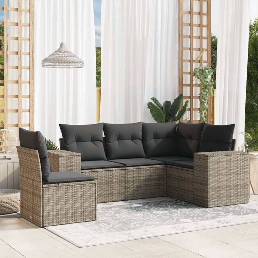5-delige Loungeset met kussens poly rattan grijs