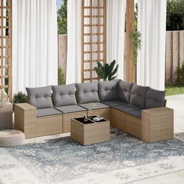 7-delige Loungeset met kussens poly rattan beige