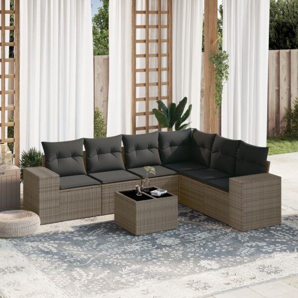 7-delige Loungeset met kussens poly rattan grijs