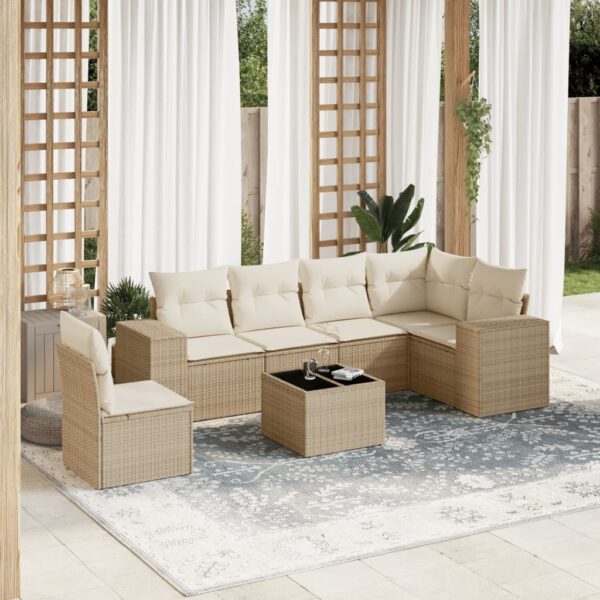 7-delige Loungeset met kussens poly rattan beige