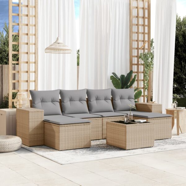 7-delige Loungeset met kussens poly rattan beige