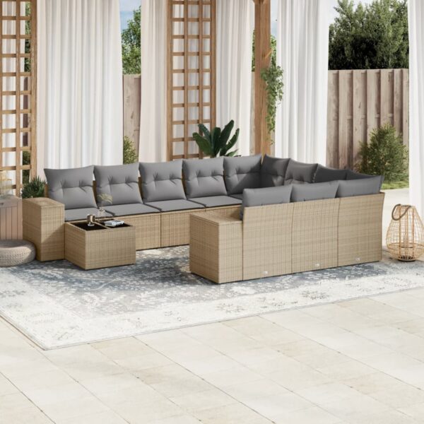 11-delige Tuinset met kussens poly rattan beige