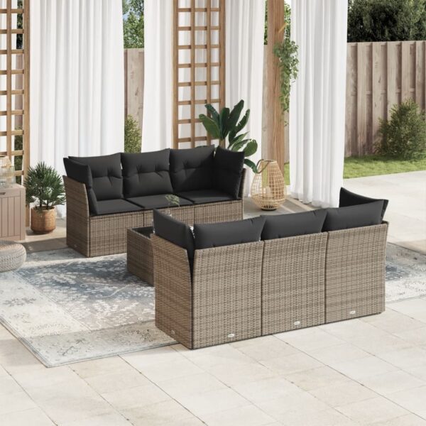 7-delige Loungeset met kussens poly rattan grijs