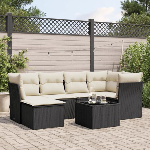 7-delige Loungeset met kussens poly rattan zwart