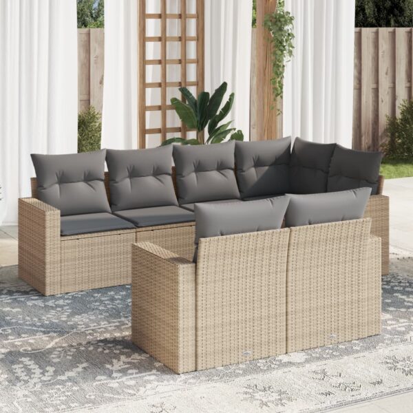 7-delige Loungeset met kussens poly rattan beige