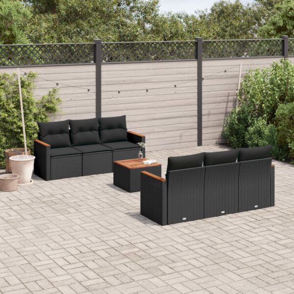 7-delige Loungeset met kussens poly rattan zwart