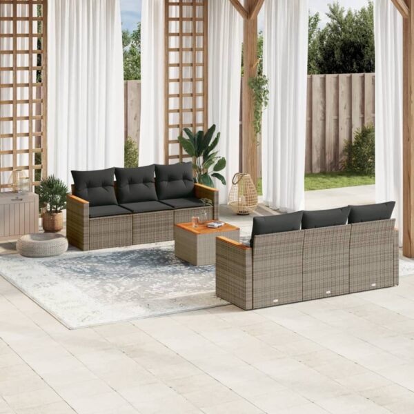 7-delige Loungeset met kussens poly rattan grijs