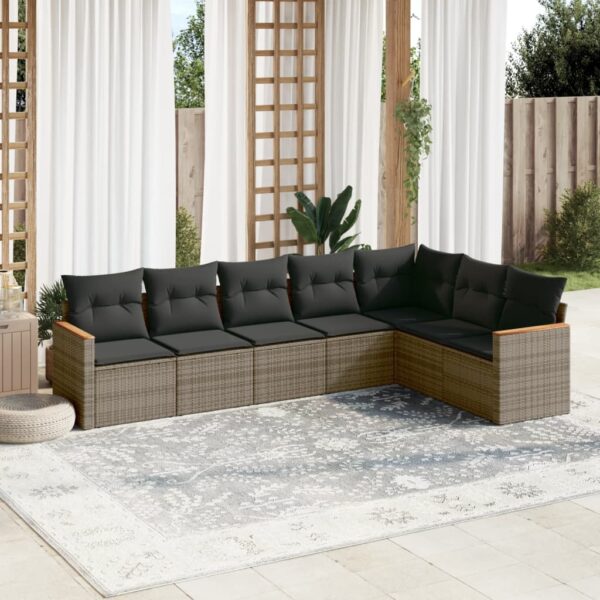 7-delige Loungeset met kussens poly rattan grijs