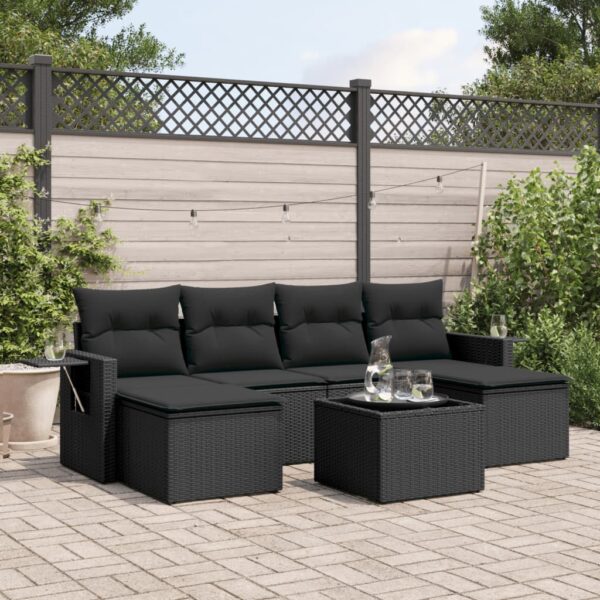 7-delige Loungeset met kussens poly rattan zwart