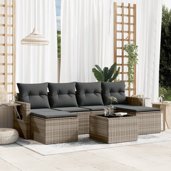 7-delige Loungeset met kussens poly rattan grijs
