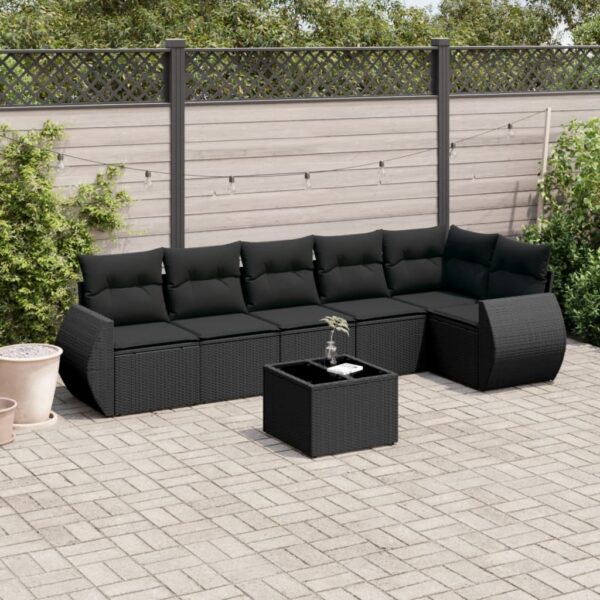 7-delige Loungeset met kussens poly rattan zwart